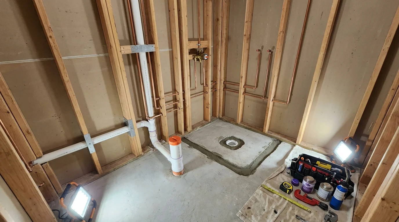 Bathroom rough-in plumbing during remodel by Johns Plumbing LLC in Zeigler