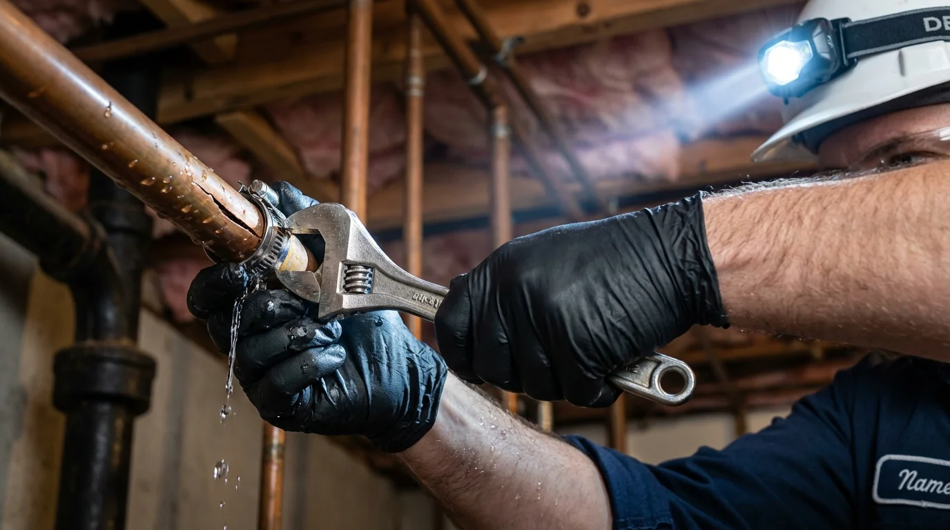Emergency pipe clamp repair being performed by a Johns Plumbing LLC plumber in Zeigler
