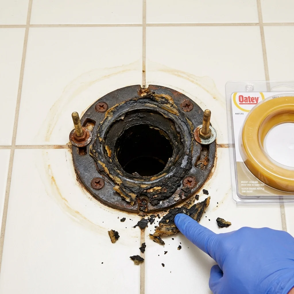 Failed wax ring showing water seepage at the base of a toilet in a Zeigler, IL home