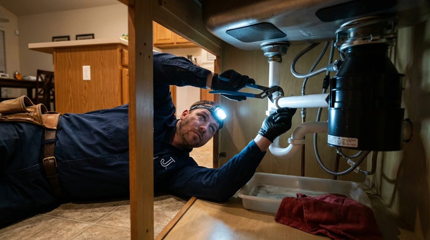P-trap and supply line connections under a kitchen sink showing a common leak point in Zeigler, IL